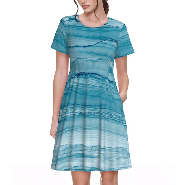 Disketp Teal Turquoise Fluid Stripes para Vestido de Manga Corta para Mujeres, Vestidos de Verano para Mujeres, Casual y Holgado para la Playa