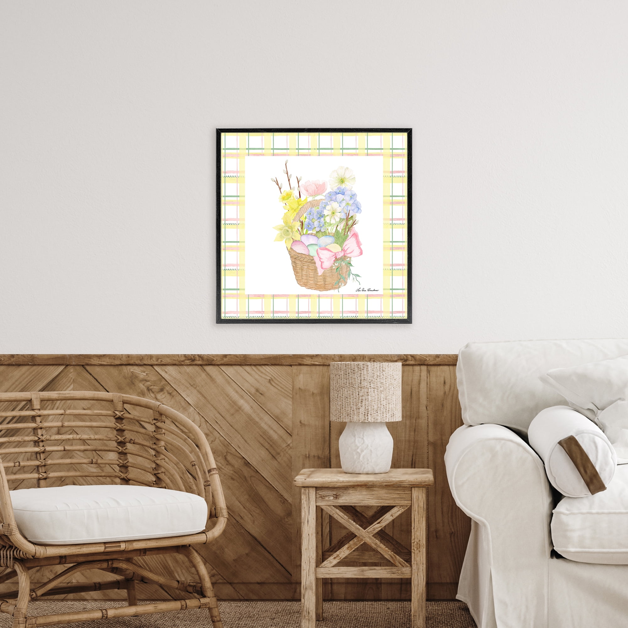 Spring Basket on Plaid Black Framed Giclee Art, design by Lee Ann Sanders