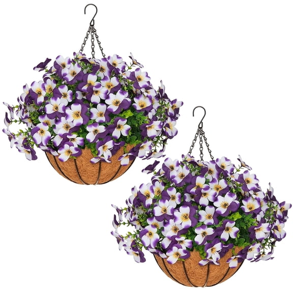2Sets Artificial Plant Hanging Basket, Paired with 20 Fake Tricolor Violet Flowers, Used for Home Porch and Courtyard Decoration (Purple White, 2)