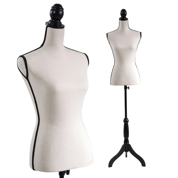 Female Mannequin Torso Dress Form Adjustable Height Black Tripod Stand Base Style Dress Jewelry Display,White