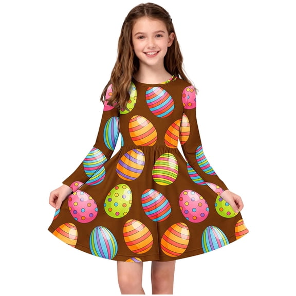 Xdegoge Funny Kids Girls Easter Holiday Dress Colorful Egg Printed Tween Spring Sundress Knee Length Swing Long Sleeve Cute Festival Party Outfit Casual Play Wear Daily Dress for Teen