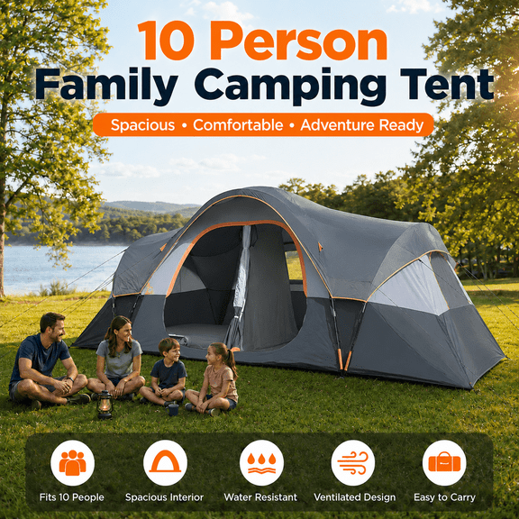 Spacious 10-Person Family Camping Tent, 2-Room Privacy Cabin Tent, Waterproof & Windproof with Mesh Window, Easy Setup for Family Outdoor Trips & Backyard Parties