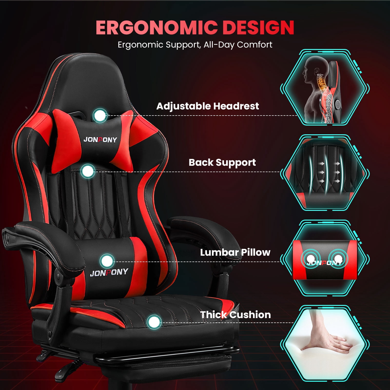 JONPONY Big and Tall 500lbs Gaming Chair with Bluetooth Speakers Gamer Chair with Footrest Game Chair with Lumbar Support and 360-Swivel Seat and Headrest for Adults, Red