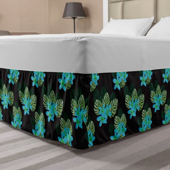 Tropical Bed Skirt, Plumeria Palm and Monstera Leaves, Elastic Bedskirt Dust Ruffle Wrap Around for Bedding Decor, 4 Sizes, Charcoal Grey Multicolor, by Ambesonne