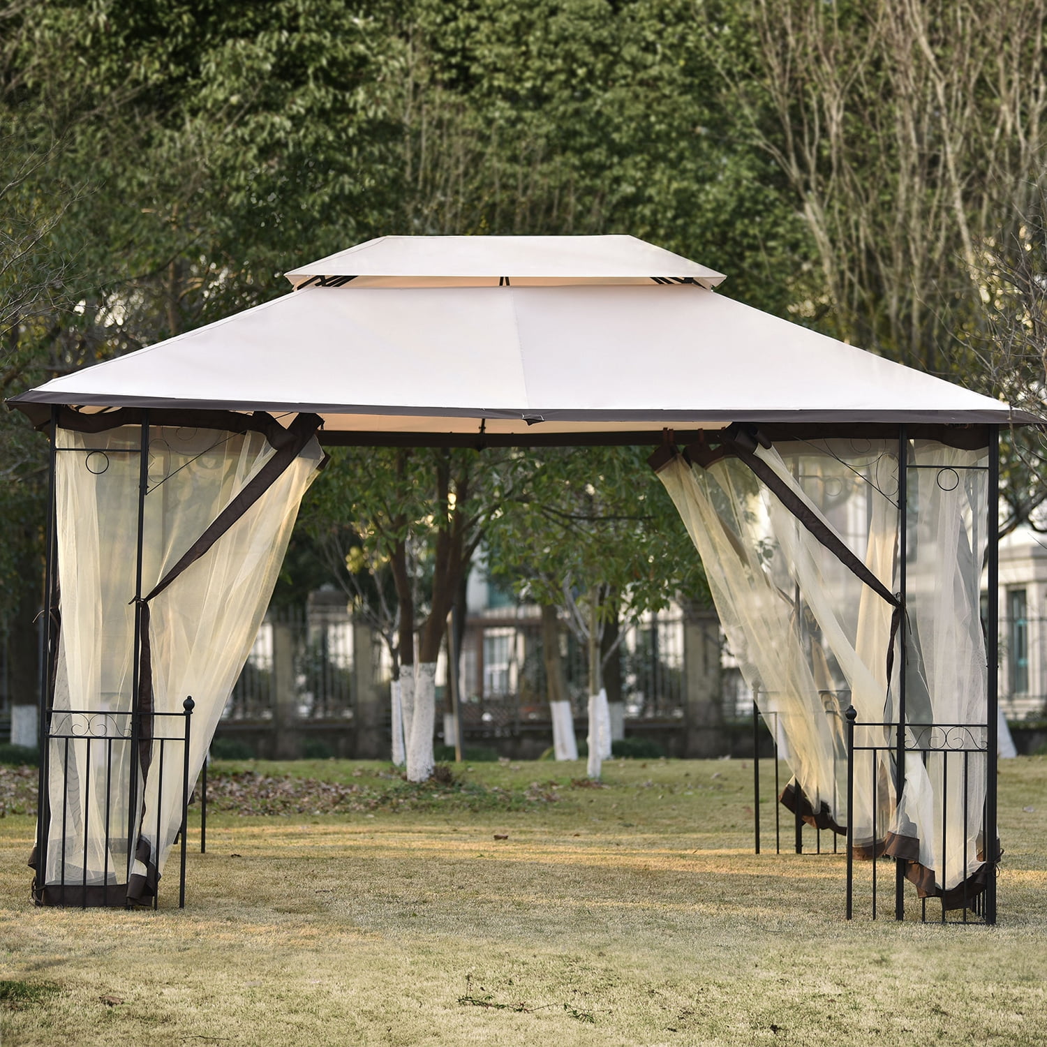 Kadyn 13 Ft Patio Outdoor Gazebo, Double Roof Soft Canopy Garden with Mosquito Netting Suitable for Backyard, khaki Kadyn 13 Ft Patio Outdoor Gazebo, Double Roof Soft Canopy Garden with Mosquito Netting Suitable for Backyard, khaki