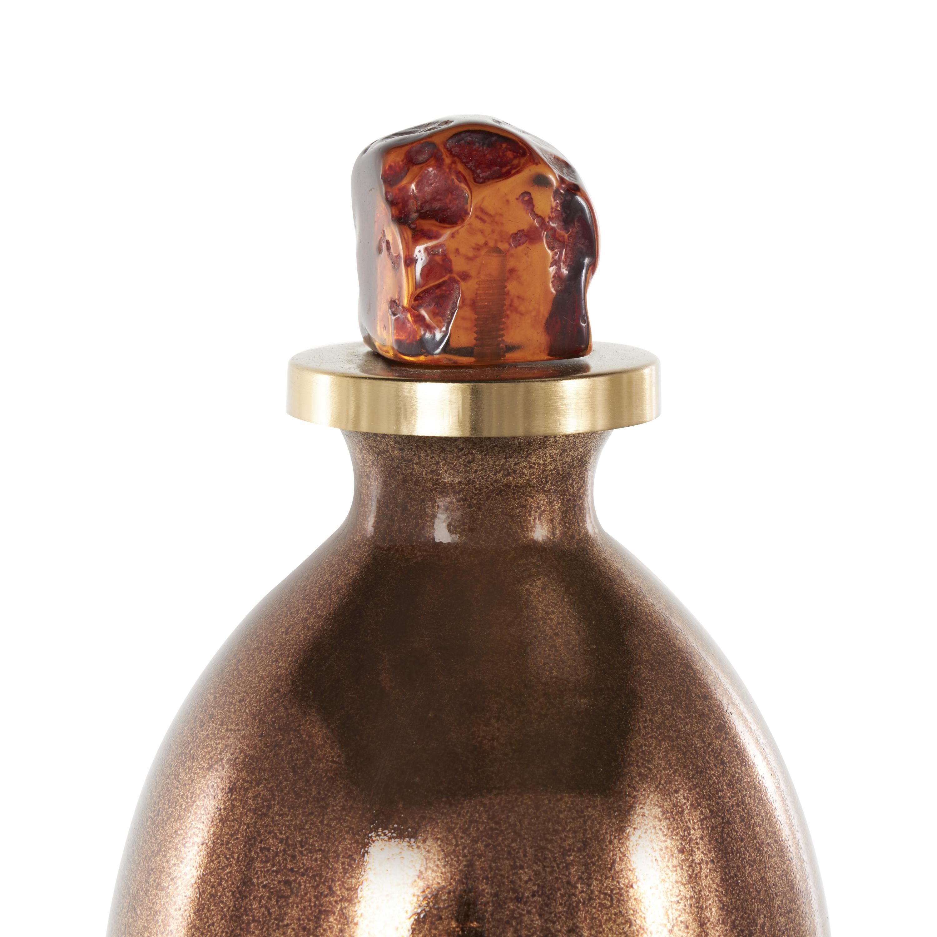 DecMode 6" x 17" Copper Glass Speckled Ombre Decorative Jars with Textured Top Knob and Gold and Beige Accents, 1-Piece