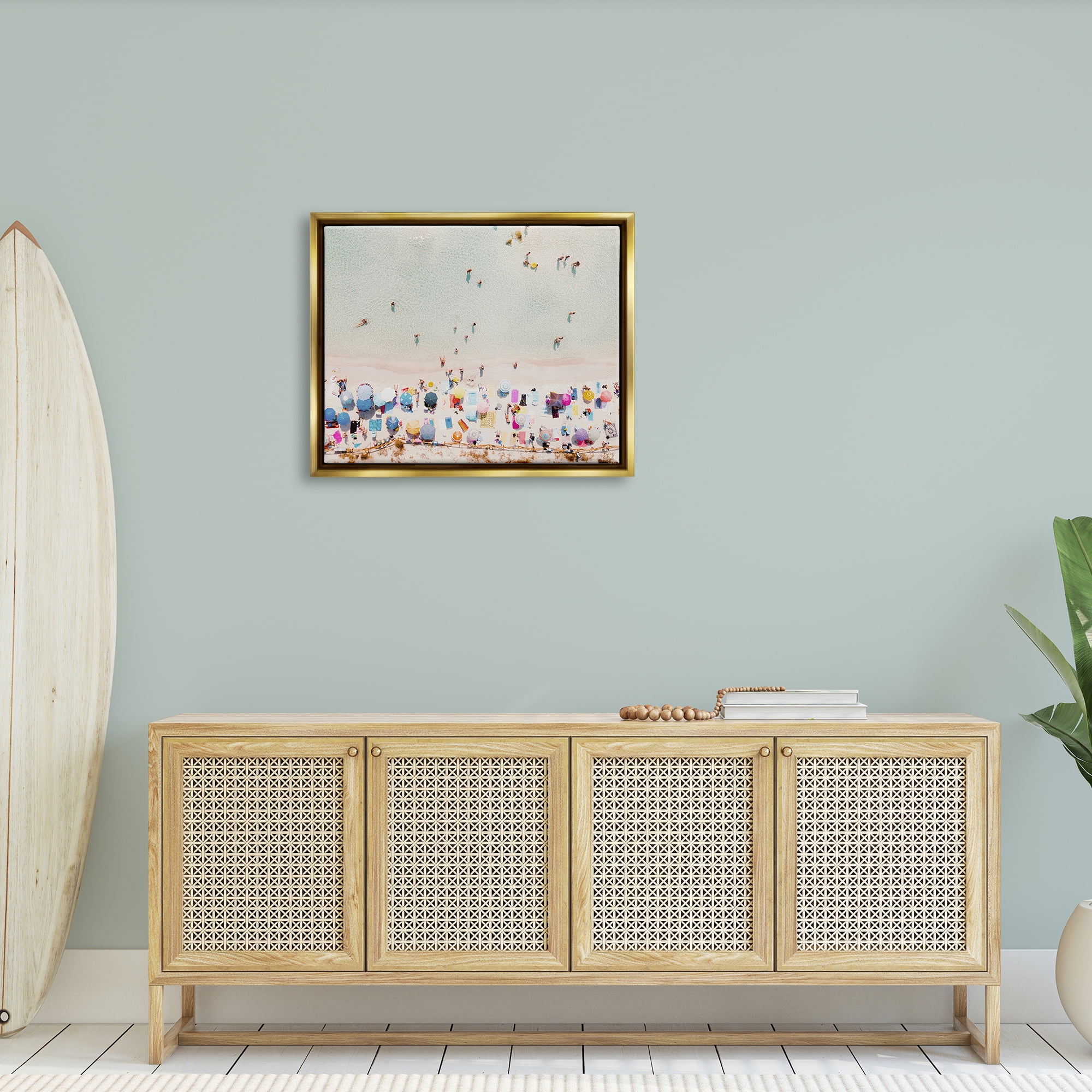 Stupell Aerial Beach View People Swimming Landscape Photography Gold Floater Framed Art Print Wall Art