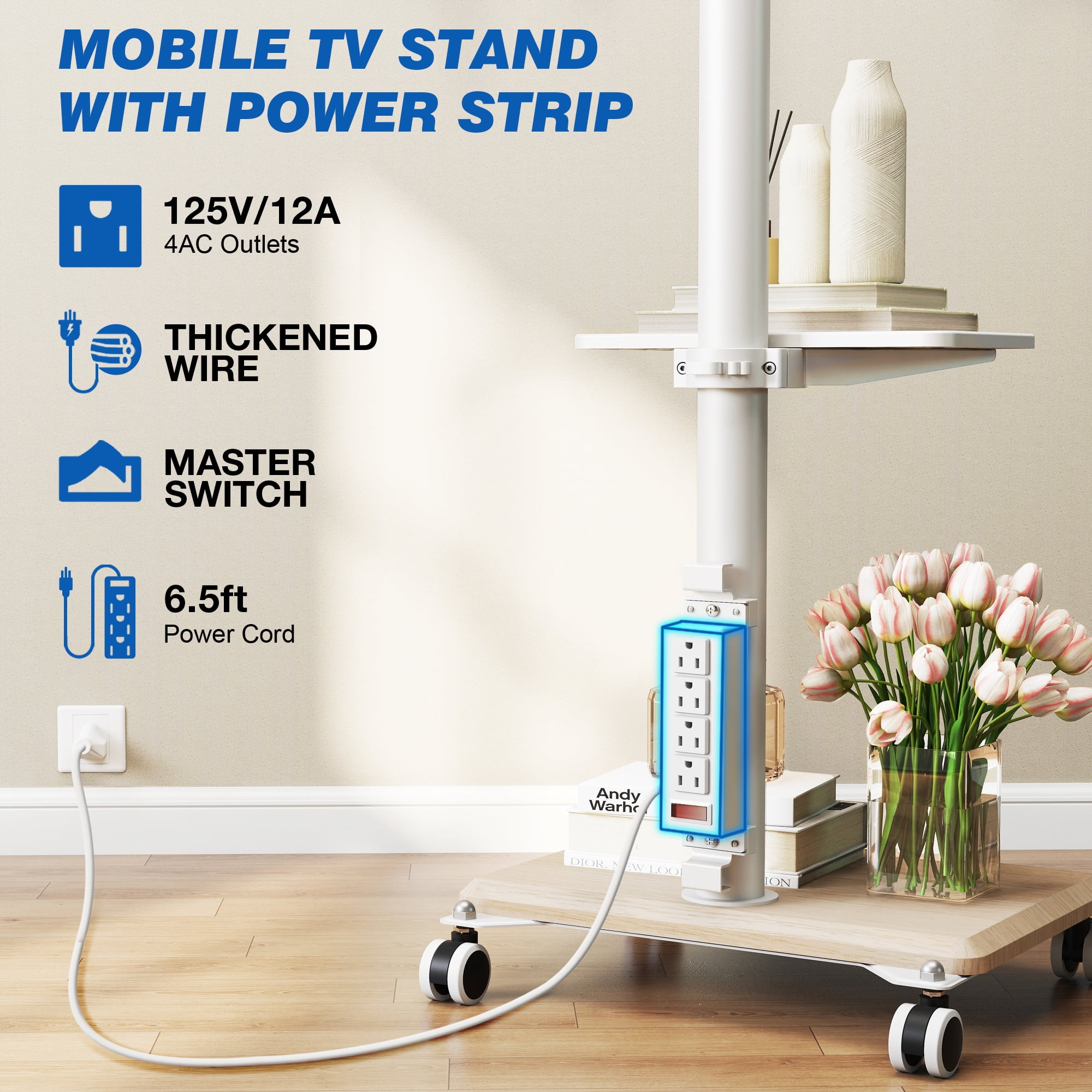 RTVR Mobile TV Stand with Wheels for Home Decor, with Power Outlet Heavy Duty TV Stand Wheels for 32-60 Inch TVs, White