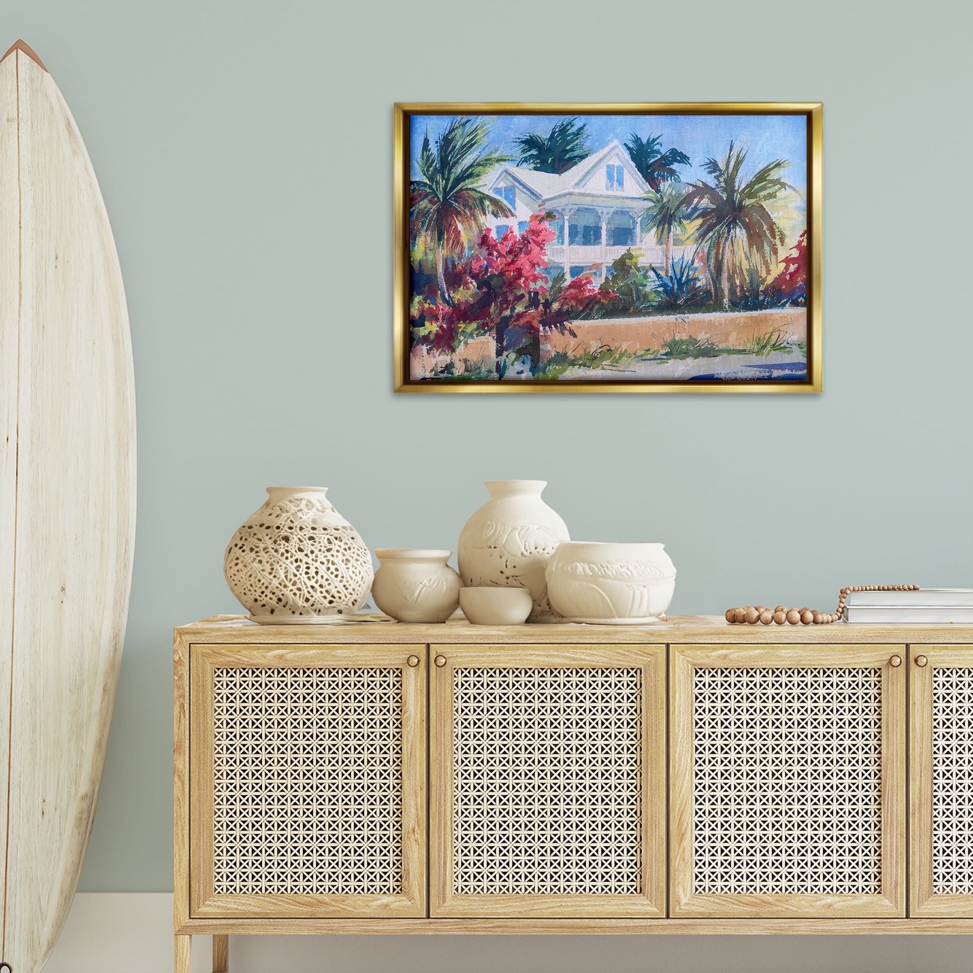 Stupell Industries Palm Tree Cottage Landscape Painting Gold Floater Framed Canvas Art Print Wall Art, 31 x 21