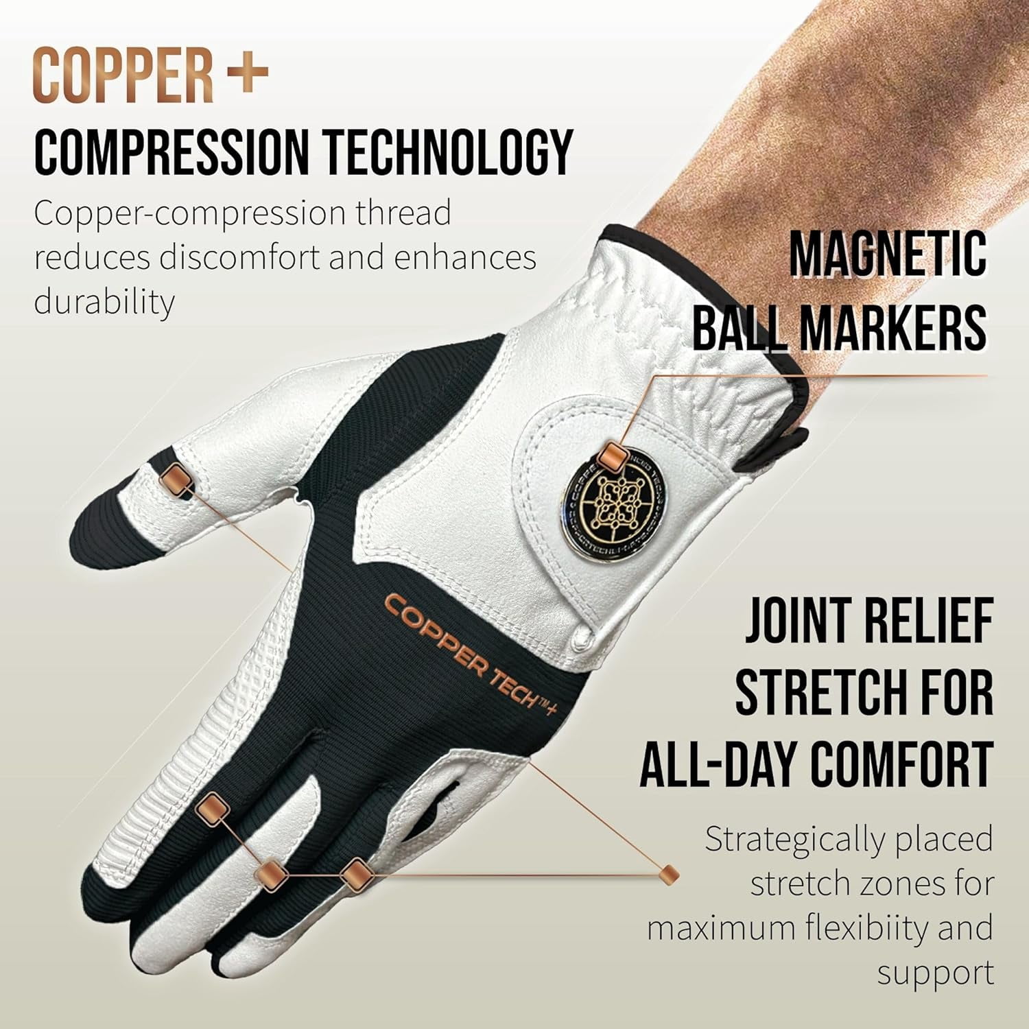 Copper Tech Plus Golf Gloves Men (2nd Gen) | Copper Compression Joint Support Golf Glove (White/Black, X-Large, Left)