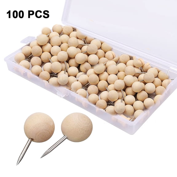 Wooden Push Pins,100 Pcs Wood Thumb Tacks Decorative for Bulletin Boards, Cork Boards, Foam Boards, Map Photos Calendar and Home Office Craft,Style:Round pushpin;