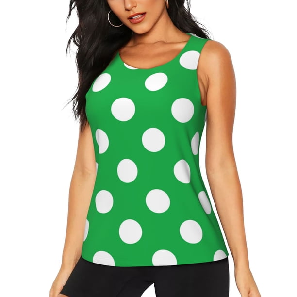 Fotbe Green And White Polka Dot Blusas Sin Mangas para Mujer – Estilo Casual, Corte Suelto, Slim-Fit, Cuello Redondo Deportivo, Tops de Verano para Gimnasio y Yoga-Large