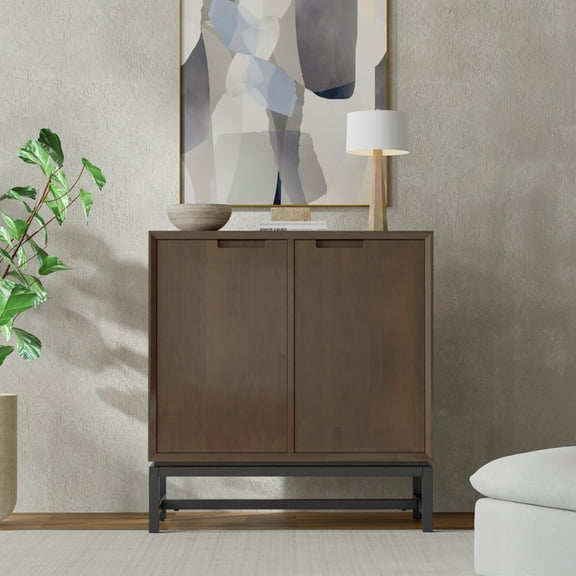 Simpli Home Banting SOLID HARDWOOD 39 inch Wide Modern Industrial Medium Storage Cabinet in Walnut Brown