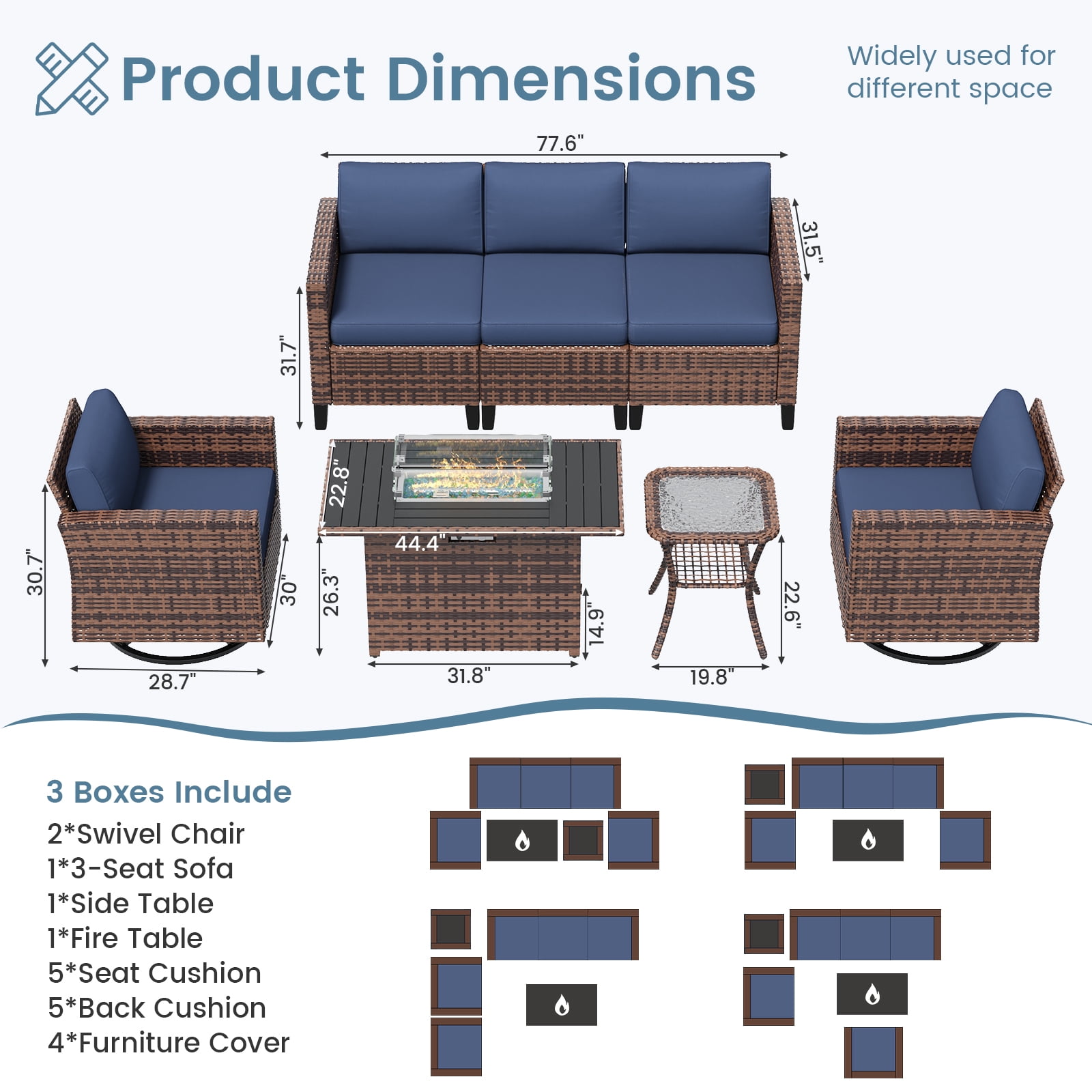 ELPOSUN Patio Furniture 7 Pieces Wicker Outdoor Sectional Sofa Sets, Rattan Conversation Set with Fire Pit Table, Swivel Chairs for Backyard, Pool, Beige/Navy Blue/Grey（Include Waterproof Covers ）