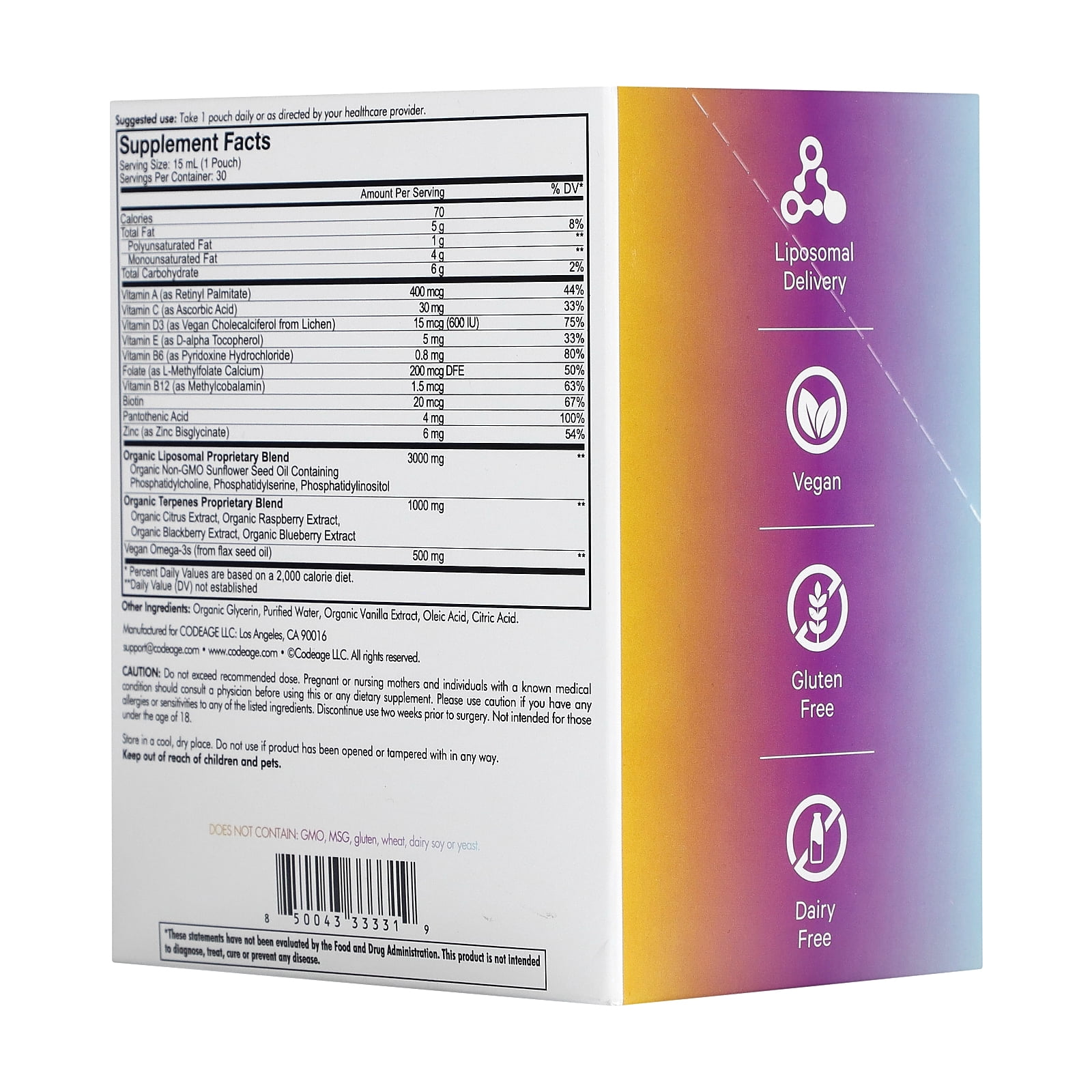 Codeage Nanofood Multivitamin Liquid for Teenagers Boys Girls, Zinc, Teen Daily Support, 30 Pouches