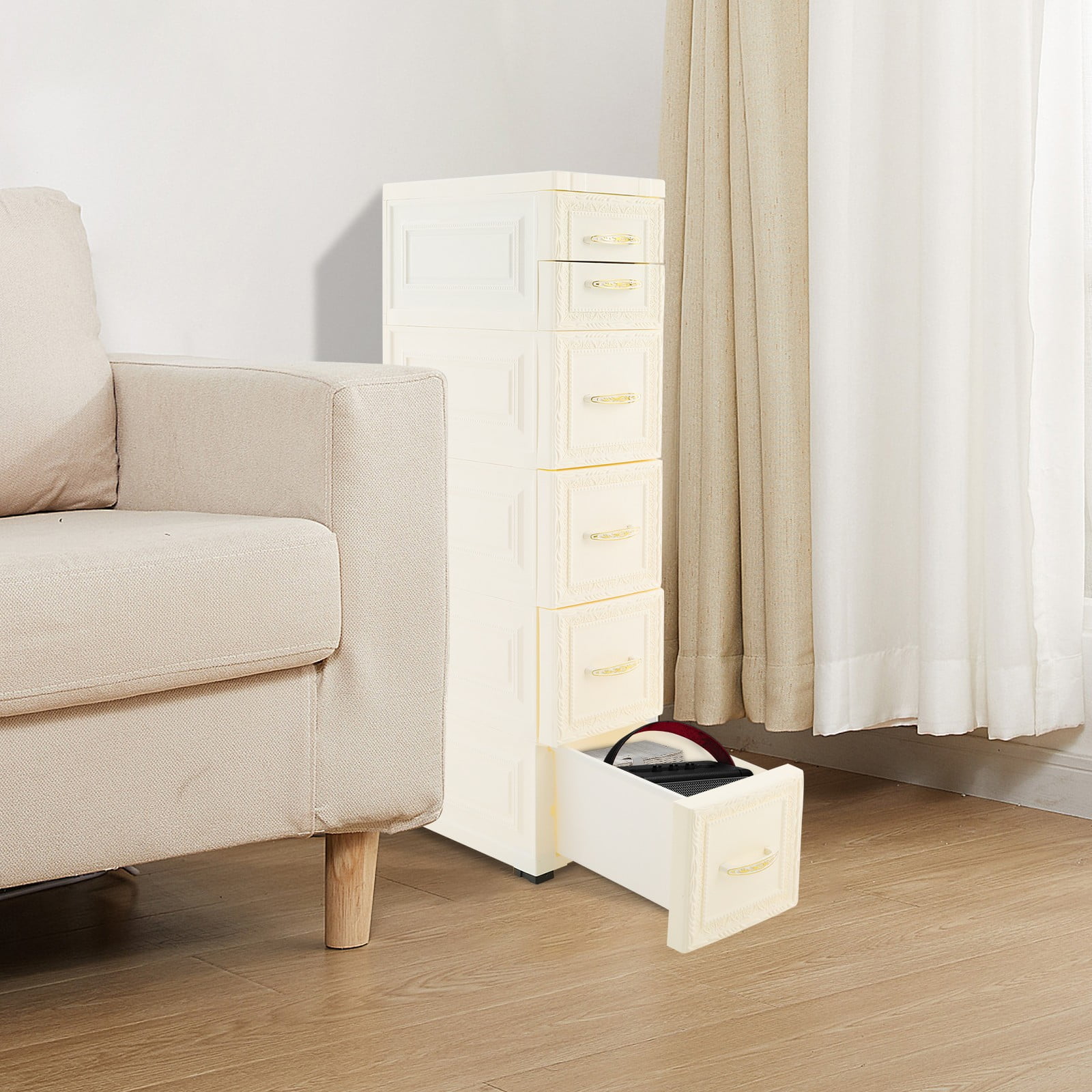 5 Tiers White PP Narrow Storage Organizer 6 Drawers Slim Bathroom Storage Cabinet for Bedroom, Bathroom
