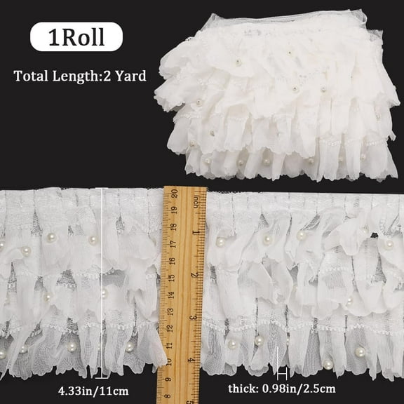 4 3/8 Inch 3 Layer Pleated Chiffon Lace Trim Ribbons Nylon White Ruffled Edge Ribbon Pearl Beaded Gathered Ruffle Fabric Applique Trimming for Sewing Making Crafts Wedding Dresses DIY Decor