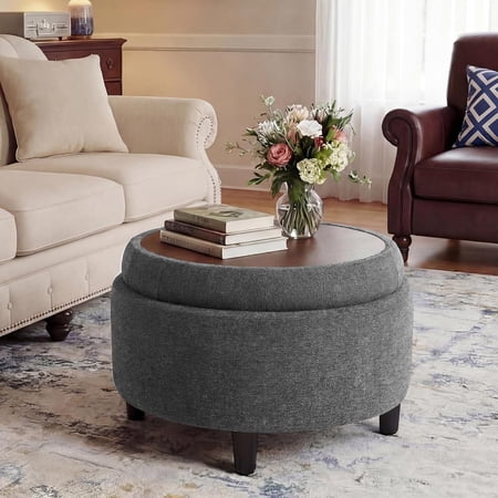 Round Hidden Storage Ottoman with Reversible Tray Lid