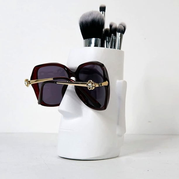 Liangnv Soporte para gafas y bolígrafo 2 en 1 Moai de la Isla de Pascua, soporte para gafas y soporte para brochas de maquillaje para escritorio/tocador/hogar/oficina, divertido escritorio Moai