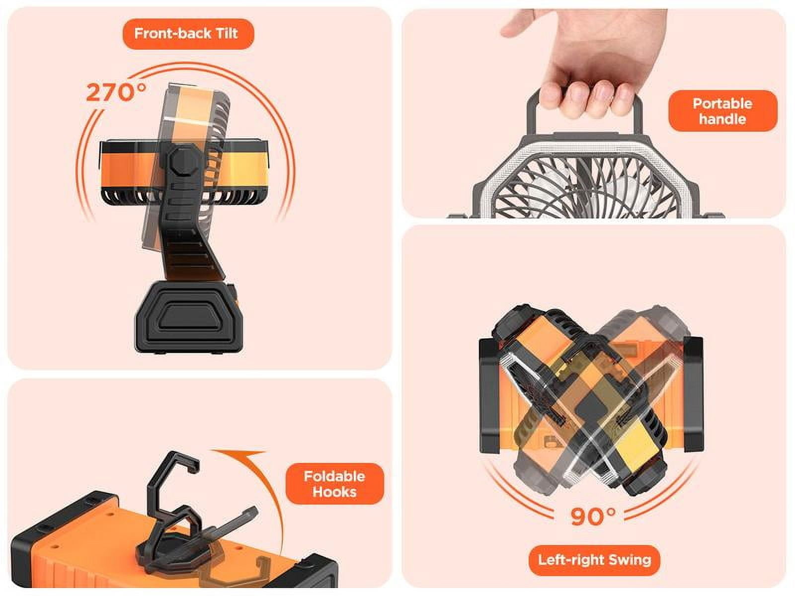 20000mAh Rechargeable Camping Fan with LED Light, Portable Multi-functional Fan with 360° Rotating Hook, Oscillating Emergency Camping Fan