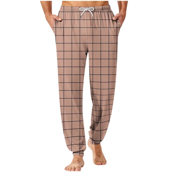 USNSM Men's Soft Pajama Bottoms Pants Checkered Printed Elastic Waistband Drawstring Pocket Bundle Leg Foot Home Sleeping Pants Brown S