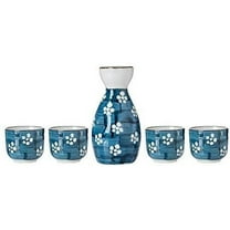 TJ Global 5-Piece Sake Set, Durable Ceramic Japanese Sake Set with 1 Carafe/Decanter/Tokkuri Bottle and 4 Ochoko cups for Hot or Cold Sake at Home or Restaurant - Blue with White Flowers