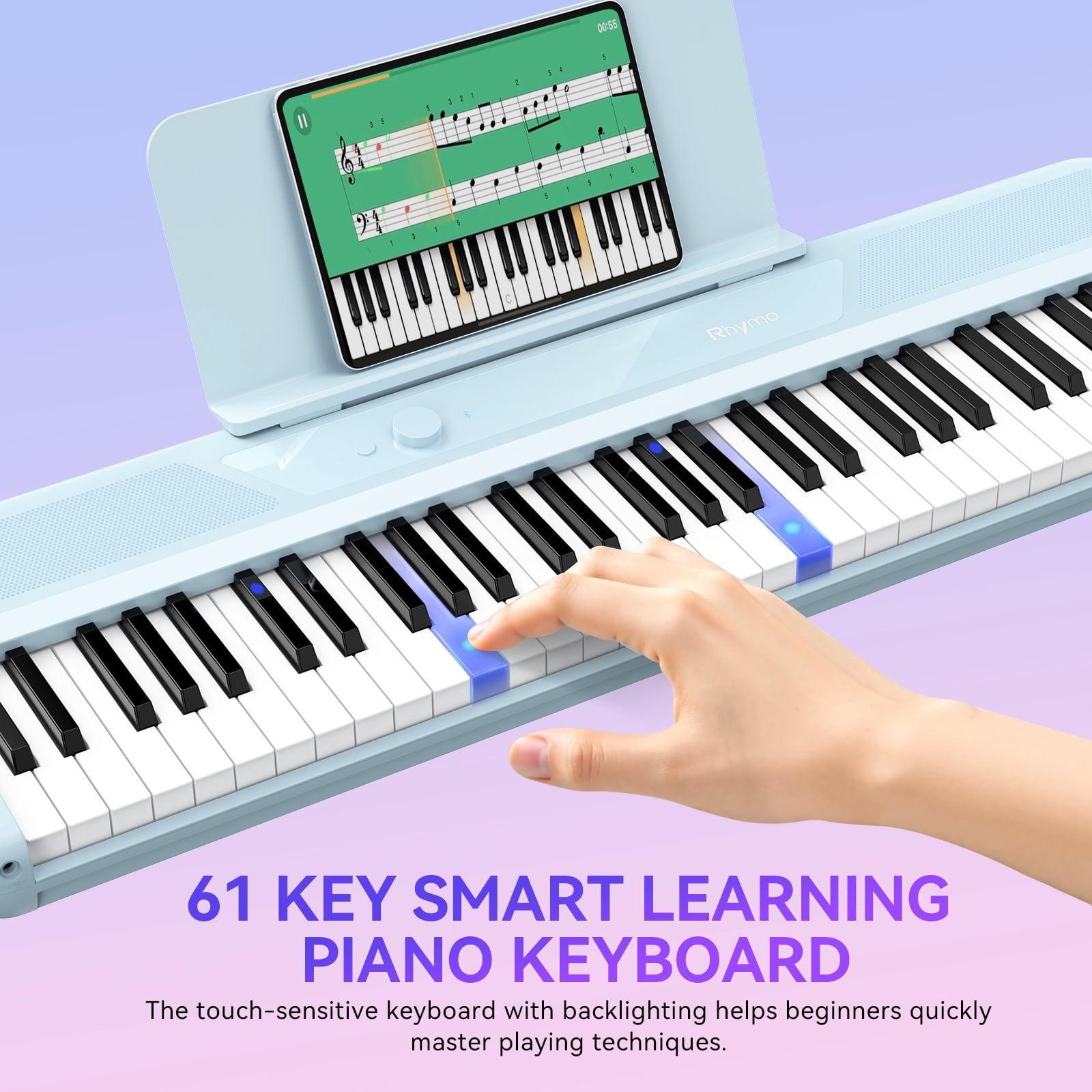 Rhymo 61 Key Smart Piano Keyboard for Beginners,Learning Keyboard with Light up Keys, Velocity Sensitive Electric Piano Keyboard & App Learning(Blue)