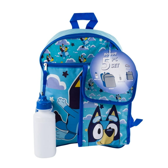 Bioworld Bluey 5pc 16" Backpack Set- lunch bag, water bottle, carabiner clip & Keychain