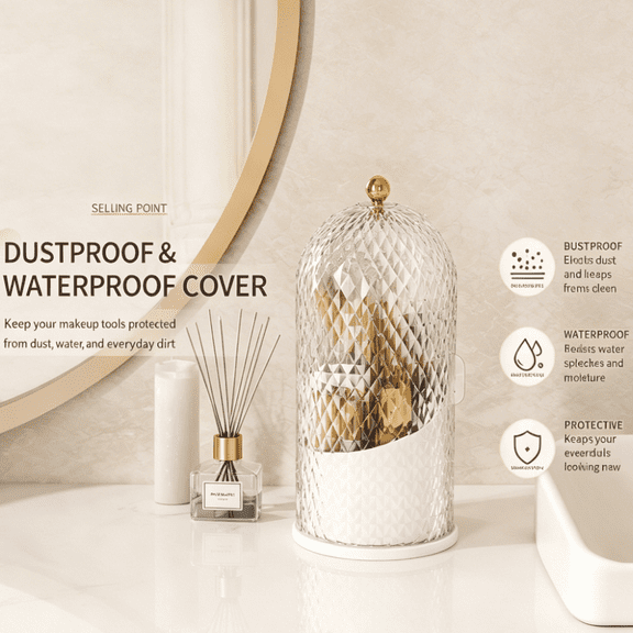 Makeup Brush Holder with Lid, Makeup Brush Storage Box with Diamond Pattern, 360 Rotating Waterproof and Dustproof Beauty Brushes Storage for Vanity Bathroom, White