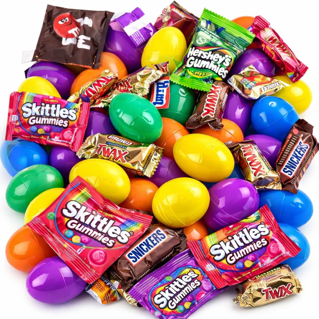 Chocolate Sweet Sour Gummy Combo Egg Hunt Pre Filled Candy Easter Eggs, 50 Count
