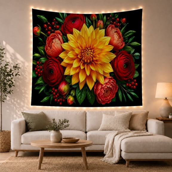 Yellow Dahlia and Red Roses Against a Black Background, Dramatic Illustration for Flower Lovers, Botanical Wall Decor, Birthday Gift, Tapestry Wall Hanging for Living Room and Bedroom