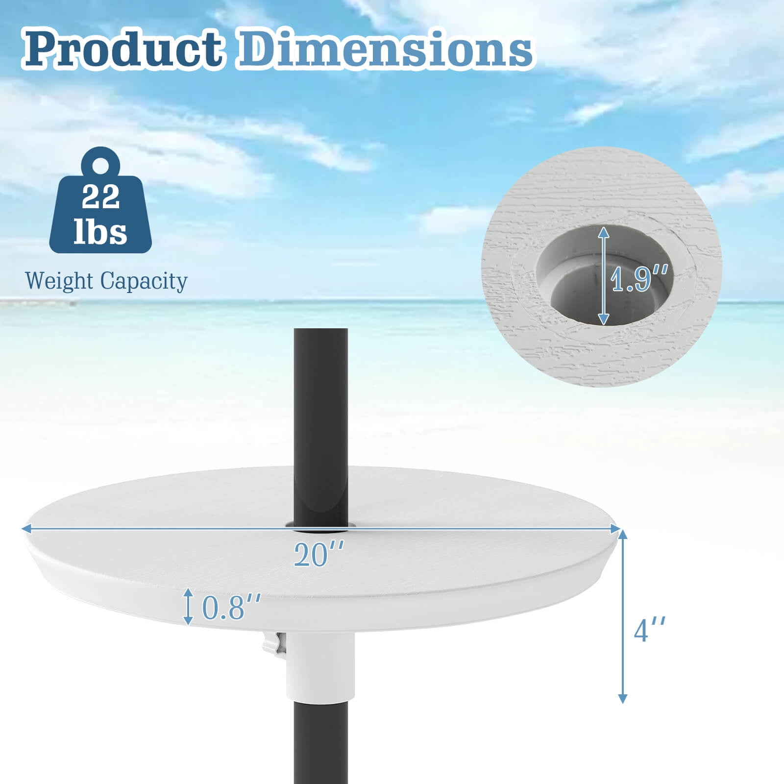 Costway 20” Outdoor Adjustable Umbrella Table for 1.5” & 1.9” Patio Umbrella Pole White