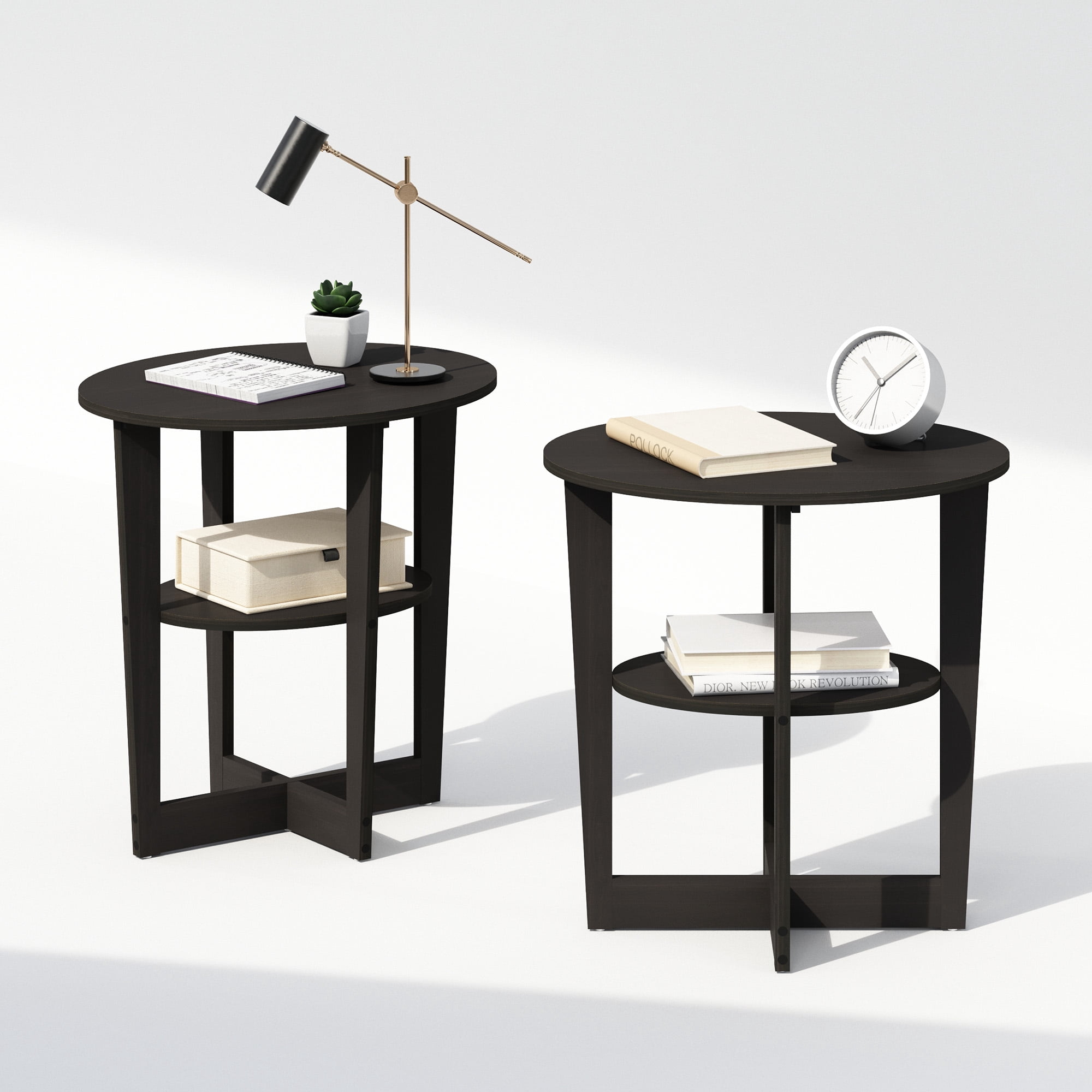 Furinno JAYA Oval End Table, Side Table, Black Walnut, Set of 2