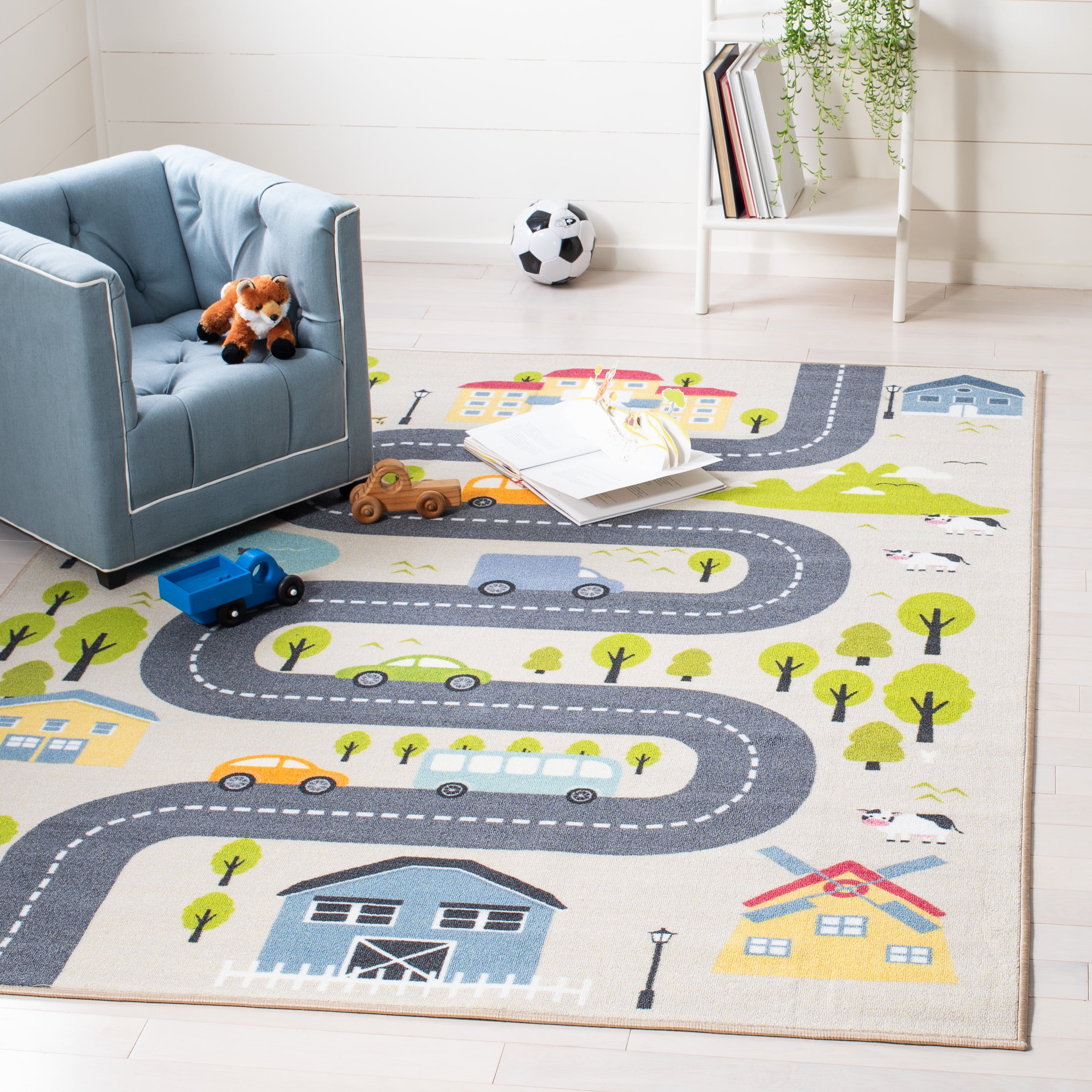 SAFAVIEH Kids Playhouse Windy Roads Machine Washable Area Rug, Beige/Green, 7'9" x 10'