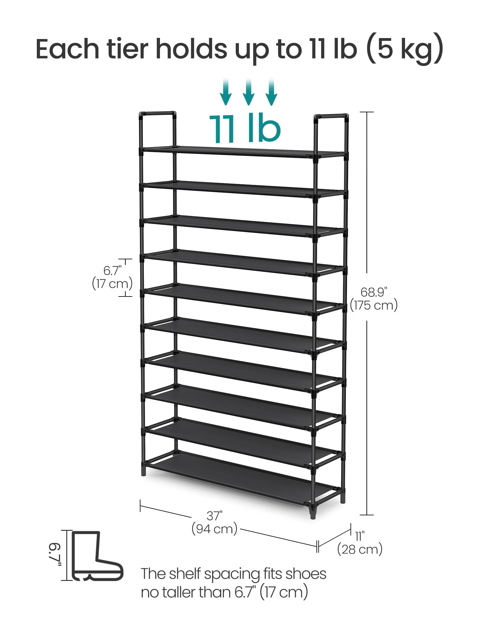Songmics Shoe Rack  10-tier Shelf Storage Organizer 11 X 37 68.9 Inches Metal Frame Non-woven Fabric Shelves For Entryway Bedroom Black Ulsh11h