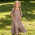 thumbnail image 5 of Antinious Girls Solid Pleated 3/4 Sleeve Round Neck Casual Versatile Wear Dress, 5 of 5