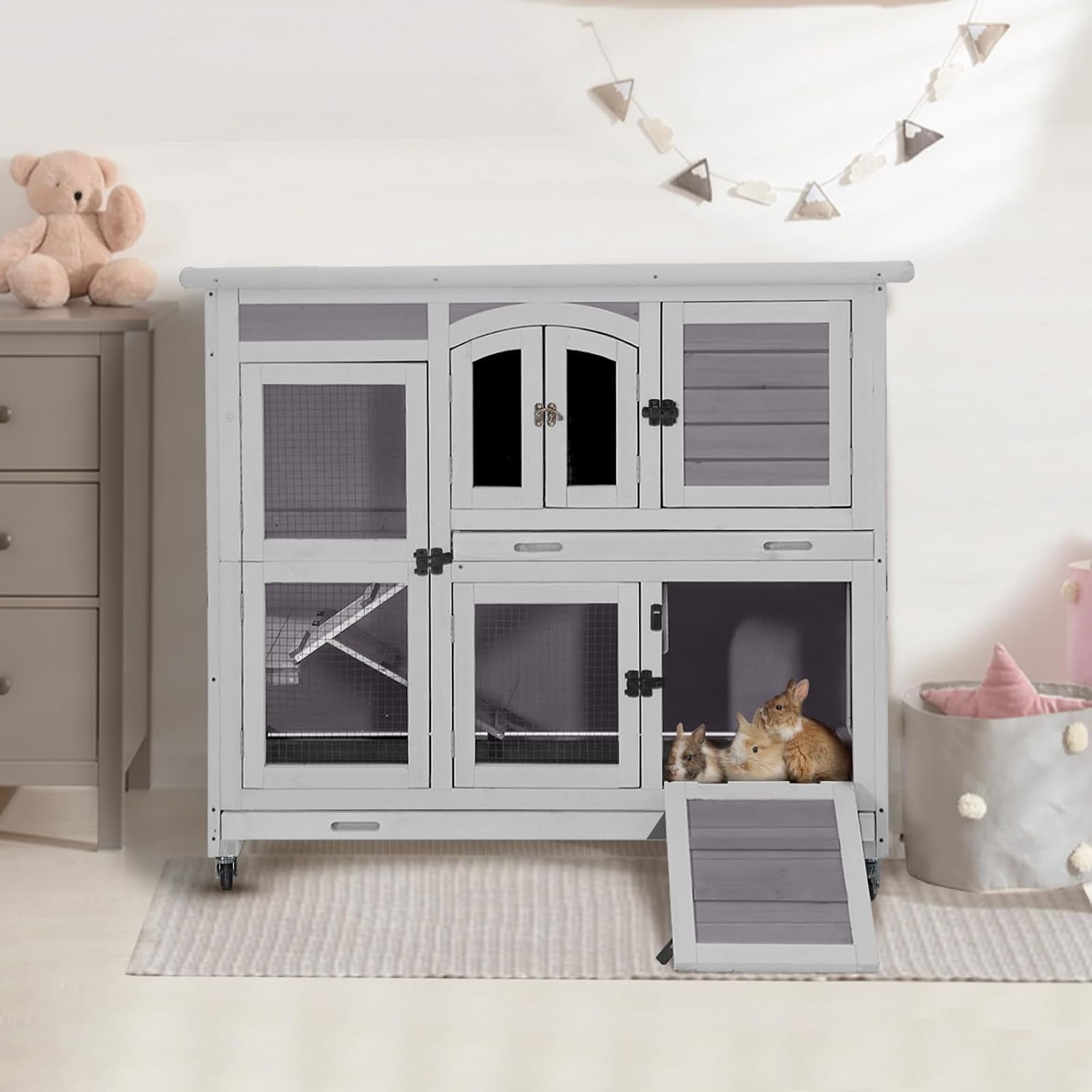 MEDEHOO Guinea Pig Cage 2 Story Indoor Rabbit Hutch Outdoor Bunny House with Wheels and Leakproof Tray
