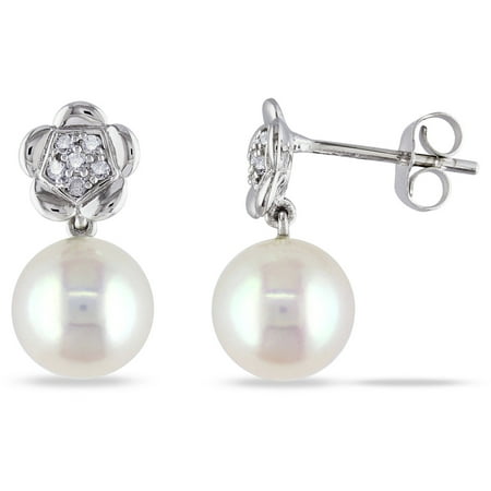 Miabella 7.5-8mm White Round Cultured Freshwater Pearl and Diamond Accent 10kt White Gold Flower Dangle Earrings