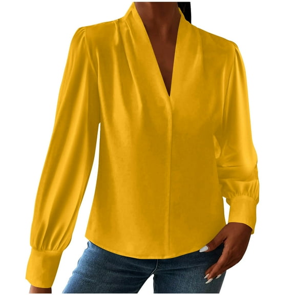 biudgviw Womens Blouses Casual V Neck Long Sleeve Stain Silk Pleated Shirts Comfy Soft Business Work Tops Fall Lightweight Elegant Outfits