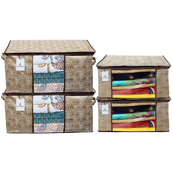 Kuber Industries Metallic Printed Non Woven 2 Pieces Saree Cover and 2 Pieces Underbed Storage Bag