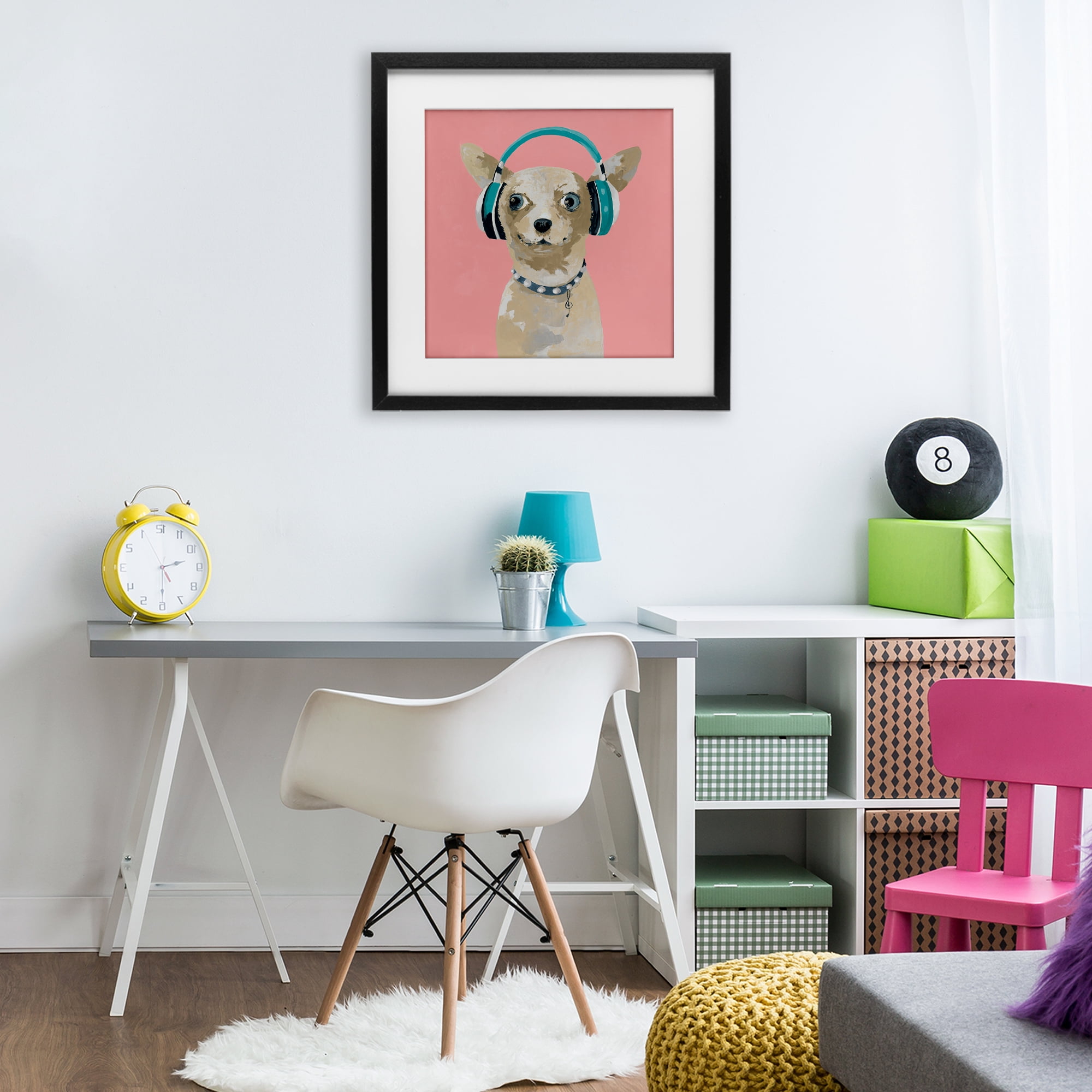 Stupell Industries Jammin' Pup on Pink Black Framed Print Under Glass, design by Lorenzo Collective