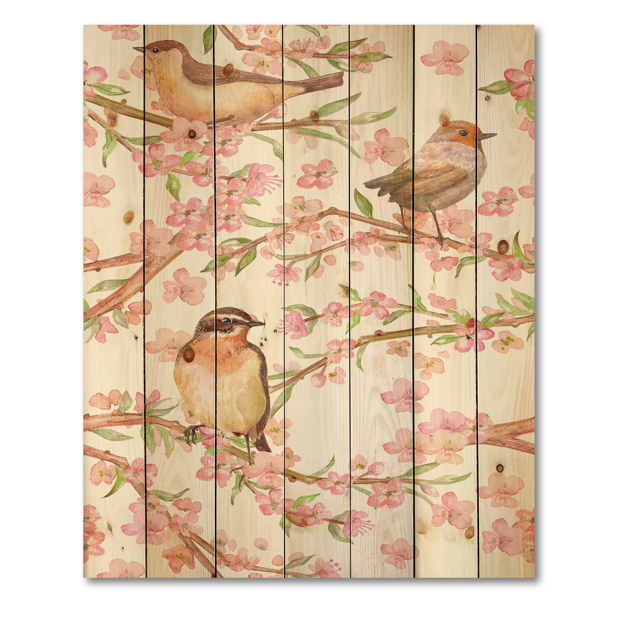 Designart 'Lovely Birds On Branches Of Flowering Almond' Traditional Print on Natural Pine Wood