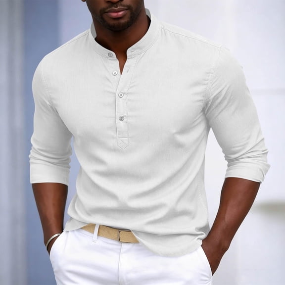 Mifsaly Mens Henley Shirts Long Sleeve Band Collar Button Down Tops Lightweight Casual Classic Fit office Vacation Outfits White,XXL