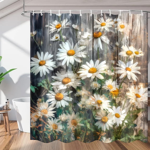 White Green Watercolor Daisy Floral Shower Curtain, Waterproof Fabric Shower Curtain, Washable Polyester Bath Curtain for Bathroom 36"W X 72"H