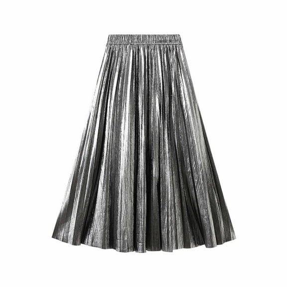 ShomPort Women's Shiny Pleated Skirt Elastic Waist Flowy A-Line Midi Skirt Fashion Club Party Skirts