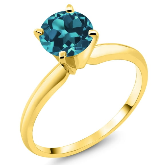 Gem Stone King 14K Yellow Gold London Blue Topaz Solitaire Engagement 4-Prong Ring for Women | 1.10 Cttw | Round 6MM | Gemstone November Birthstone (Size 5)