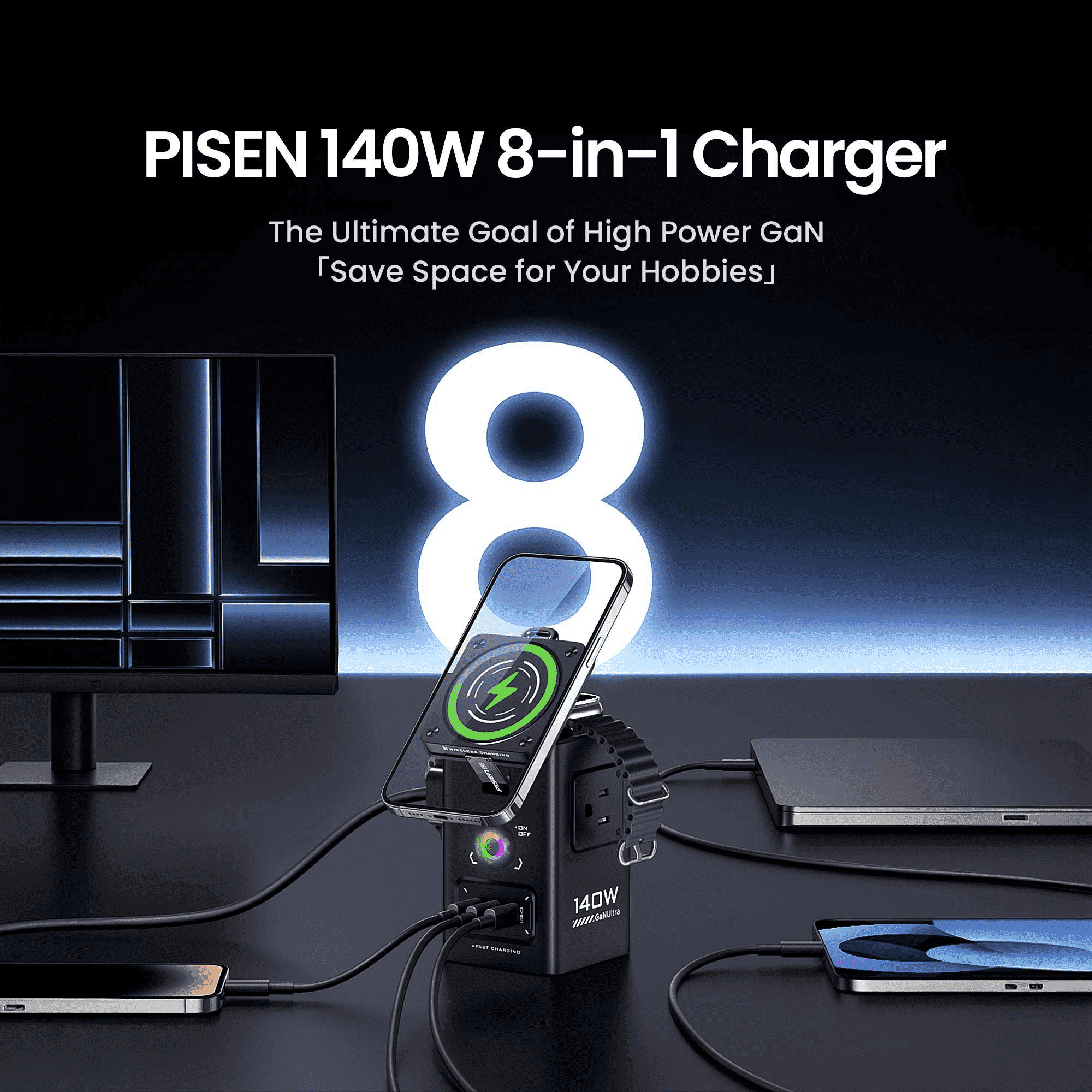 PISEN 8-in-1 Charging Station, 140W Charging Station for Multiple Devices, Magnetic Qi2 Wireless Charger for iPhone Series, Wireless Charging Station for Apple Watch