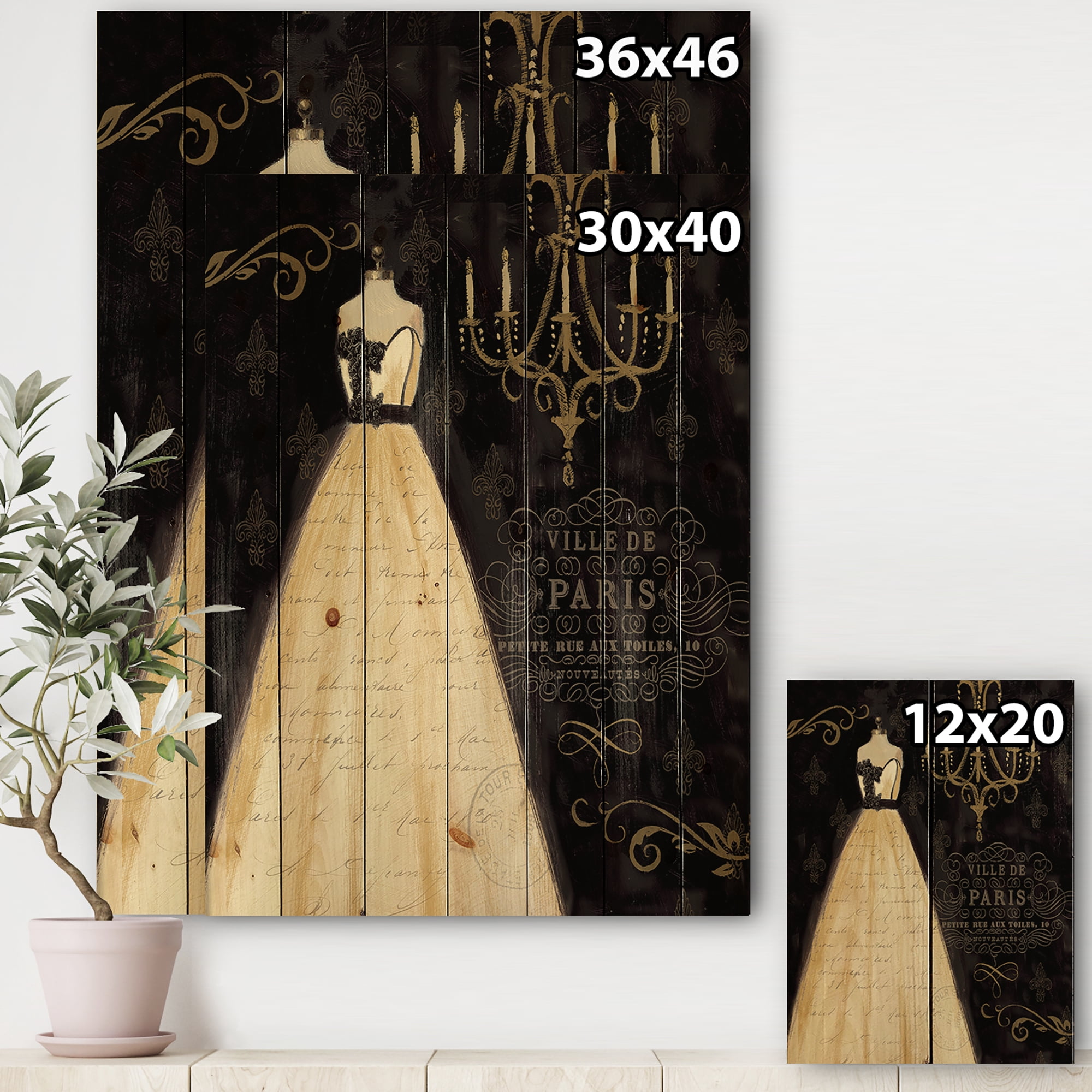Designart 'Chandeliers French Couture III' Fashion Print on Natural Pine Wood
