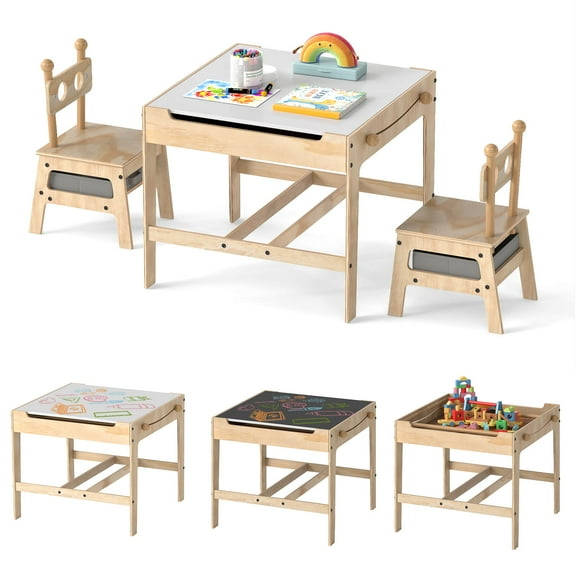 Costway Kids Table and Chairs Set 4 in 1 Children Activity Table with Reversible Whiteboard Gray Natural