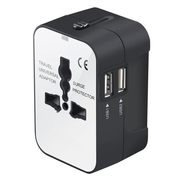 Adaptador de viaje Adaptador de cargador universal de plástico ABS Convertidor de viaje USB dual portátil, Blanco y negro Vogacara EL001115-02B
